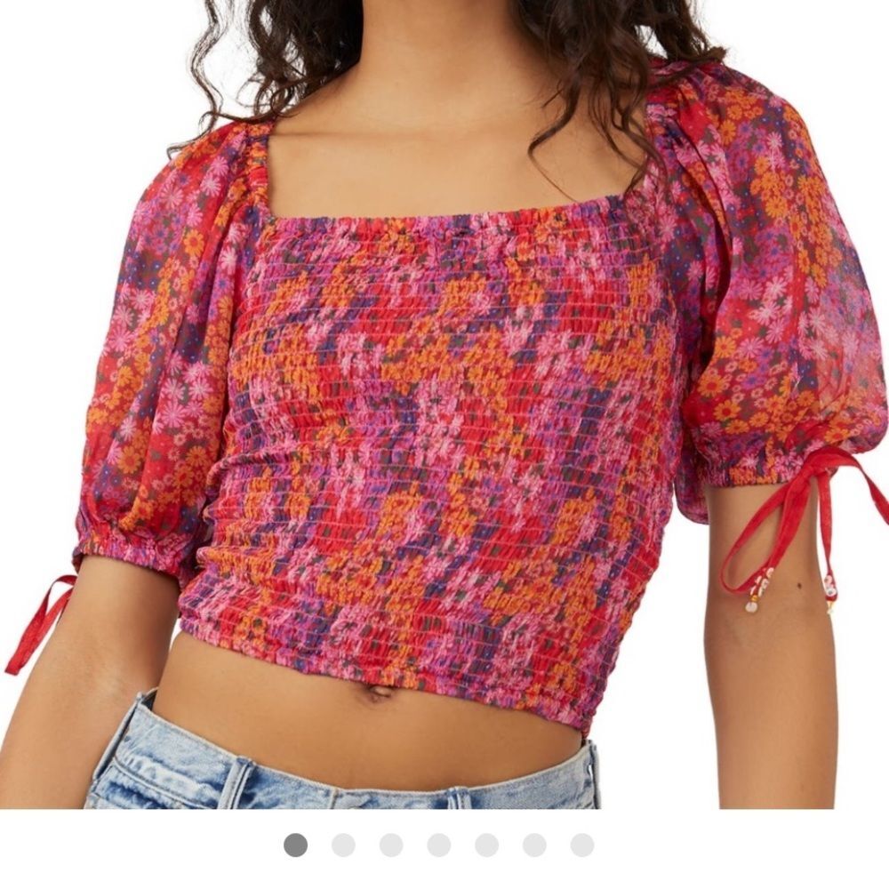 Free People Back On Top Hot Pink Ditsy Floral Puff Sleeve Top NWT XS NWT